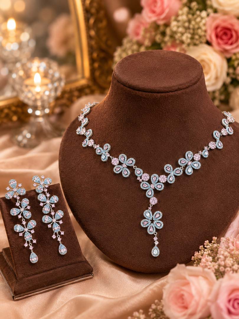 Pink &amp; Ferozi Flower Necklace