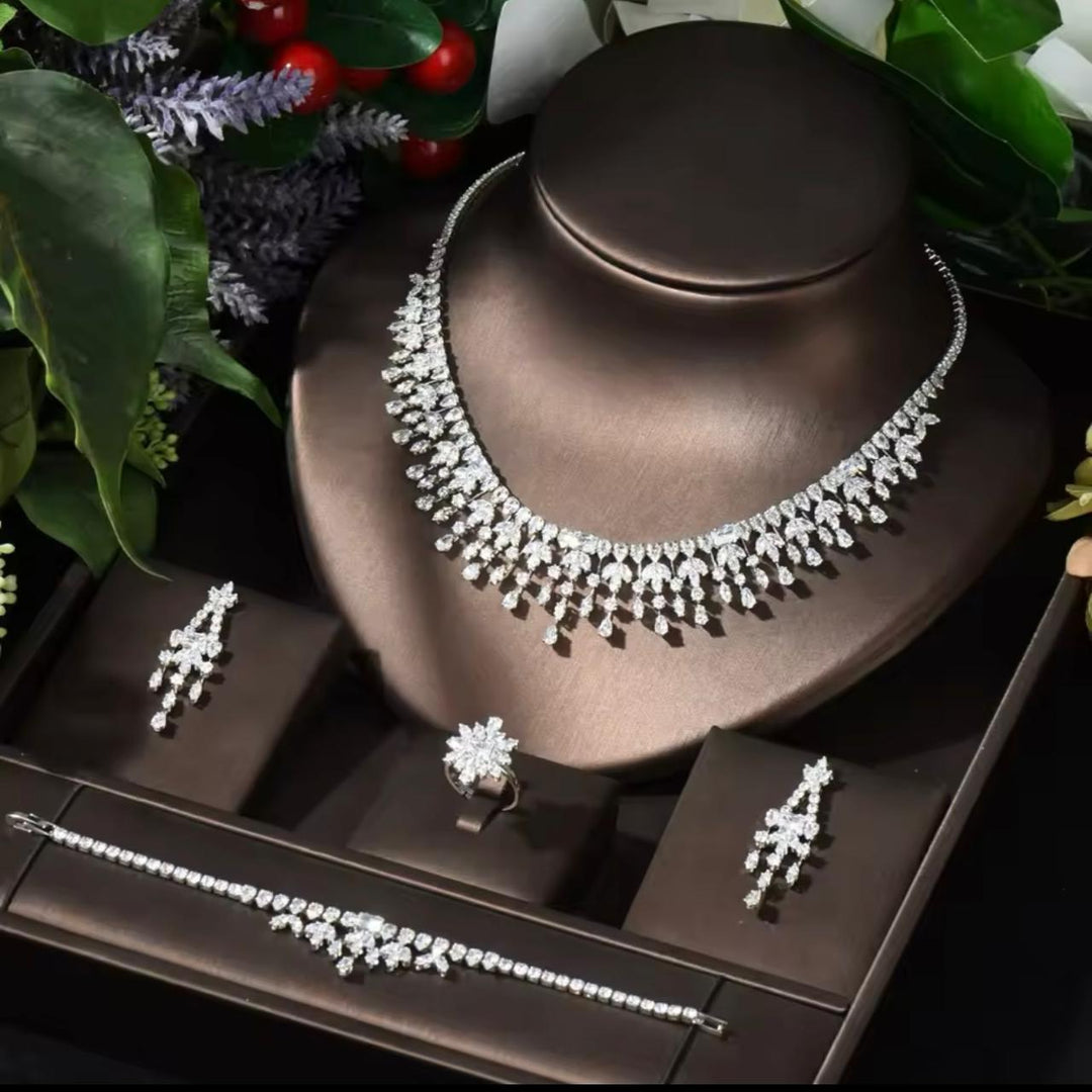 Leaf Design Cz Necklace Set