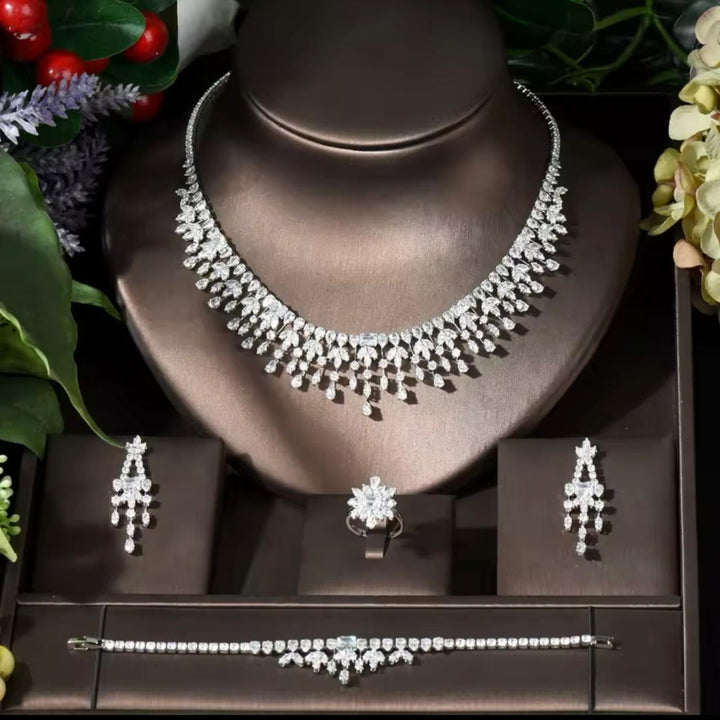 Leaf Design Cz Necklace Set