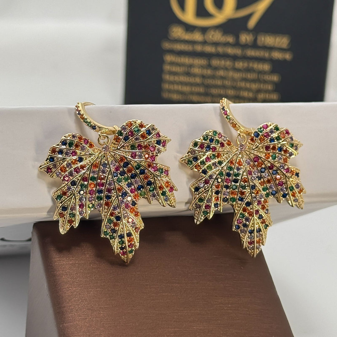 Golden Colorful Leaf Cz Earrings