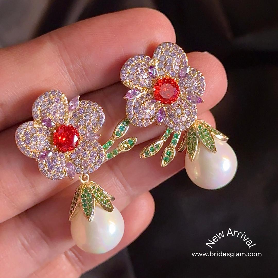 Red Flower Pearl Earrings