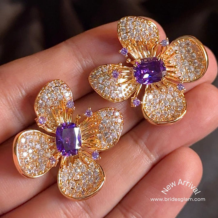 Golden Flower Cz Purple Earrings