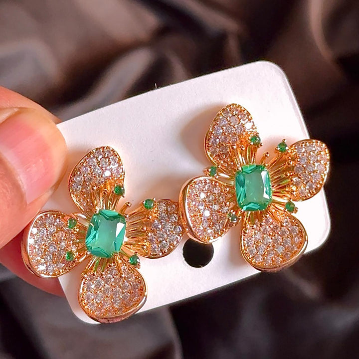 Golden Flower Green Cz Earrings