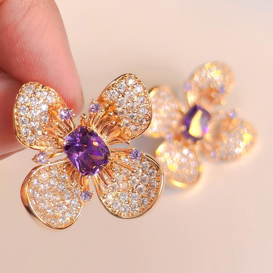 Golden Flower Cz Purple Earrings