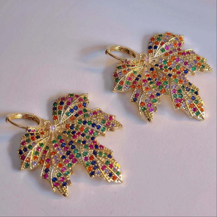 Golden Colorful Leaf Cz Earrings