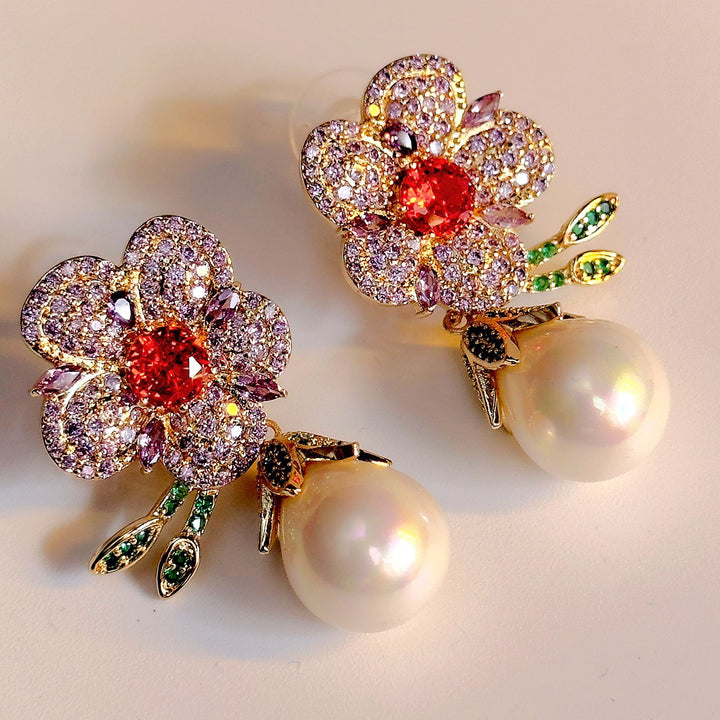 Red Flower Pearl Earrings