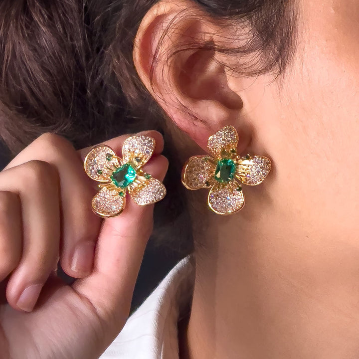 Golden Flower Green Cz Earrings