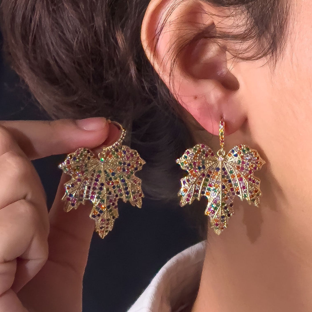 Golden Colorful Leaf Cz Earrings