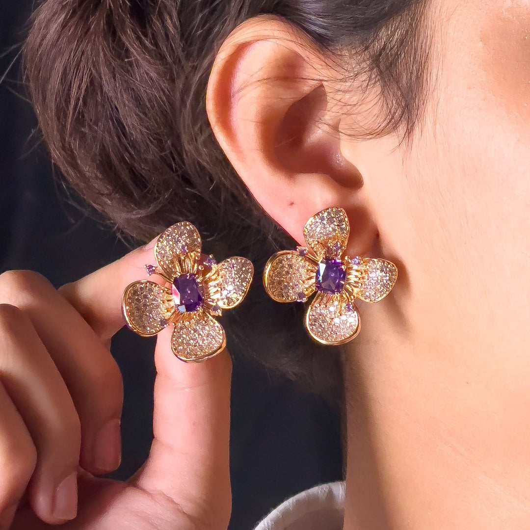 Golden Flower Cz Purple Earrings