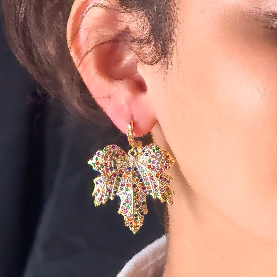 Golden Colorful Leaf Cz Earrings